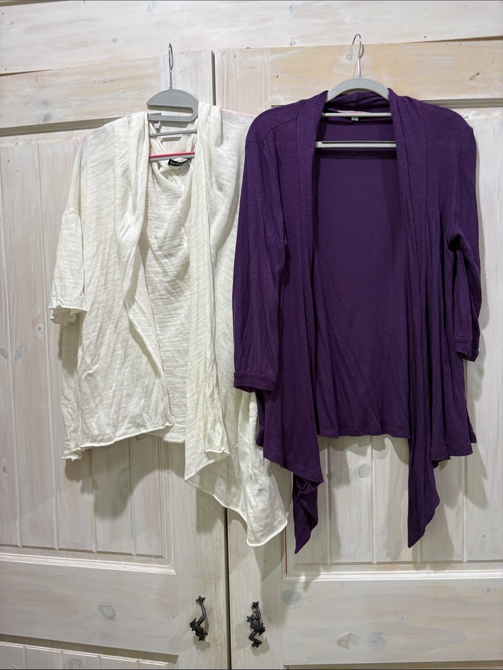 Two Relaxed Open-Front Cardigans in Cream and Purple